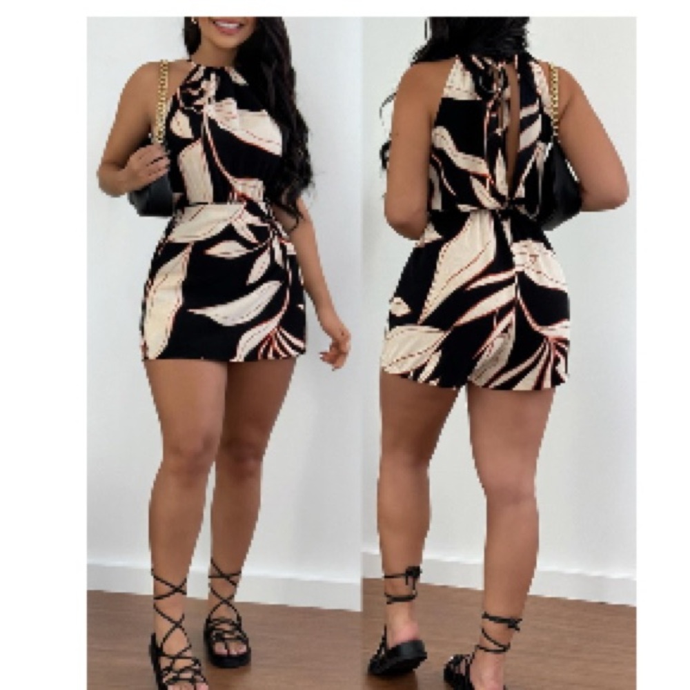 Sleeveless Black Romper with Cream Leaf Print